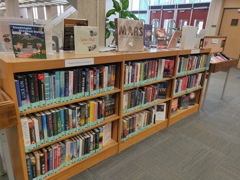 Книжный стеллаж в светлом помещении библиотеки