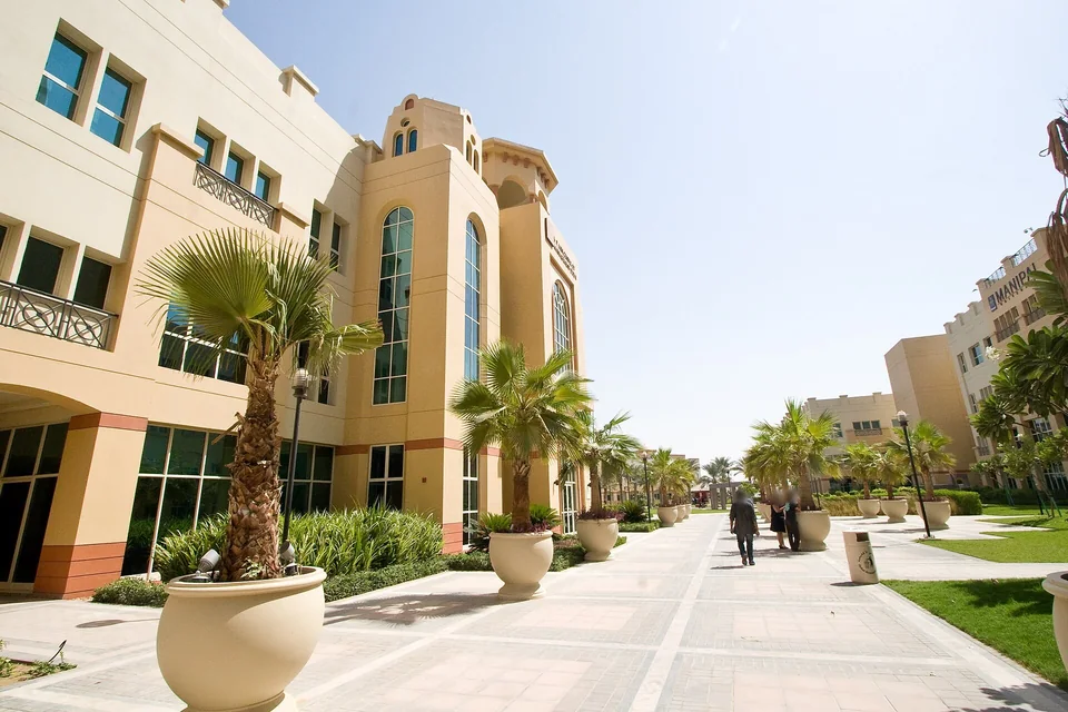 Пешеходная аллея с пальмами в кадках у корпусов кампуса Hult International Business School в Дубае