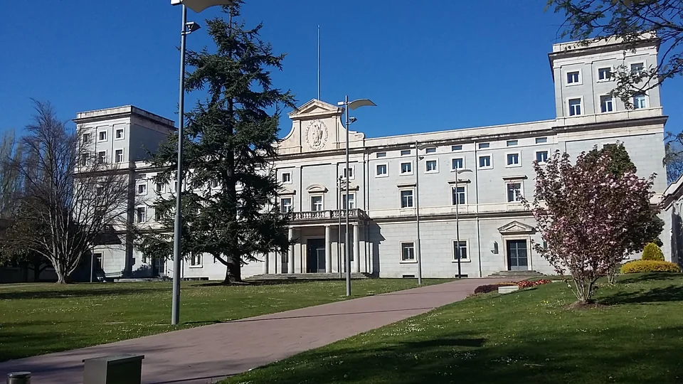 Светлое монументальное здание университета за зелёным газоном с деревьями и цветущим кустом под ясным небом