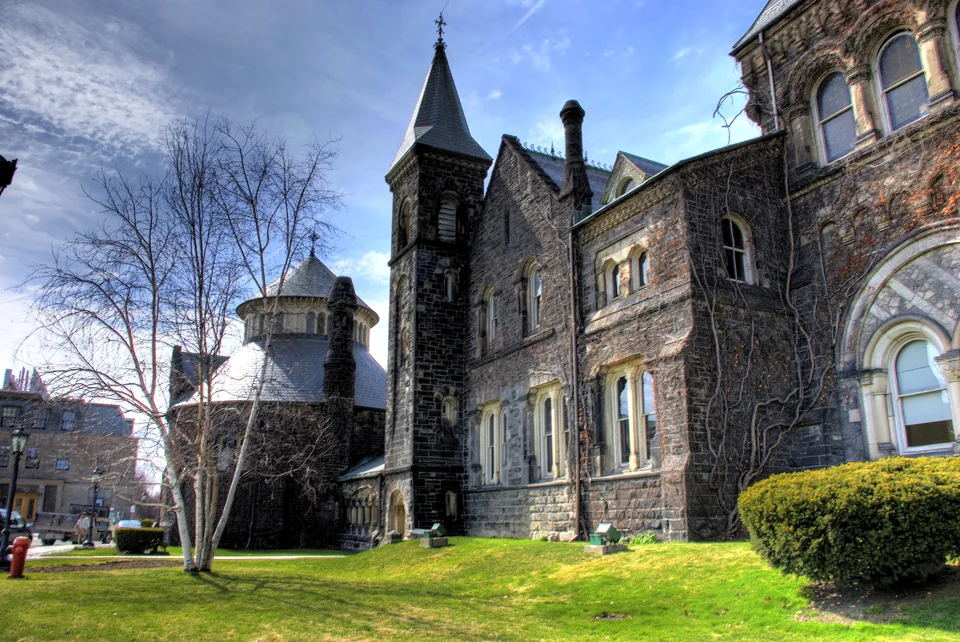 A dark stone building with a pointed tower and a round wing, with a lawn and a leafless birch in front