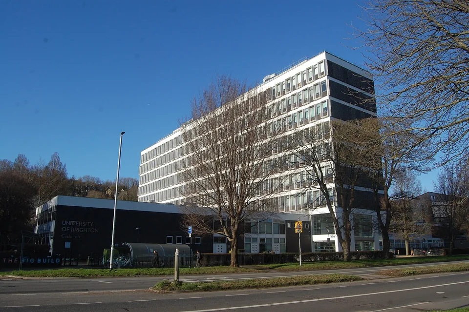 Многоэтажное белое здание Cockcroft Building Брайтонского университета с вывеской University of Brighton за деревьями у Льюис-роуд