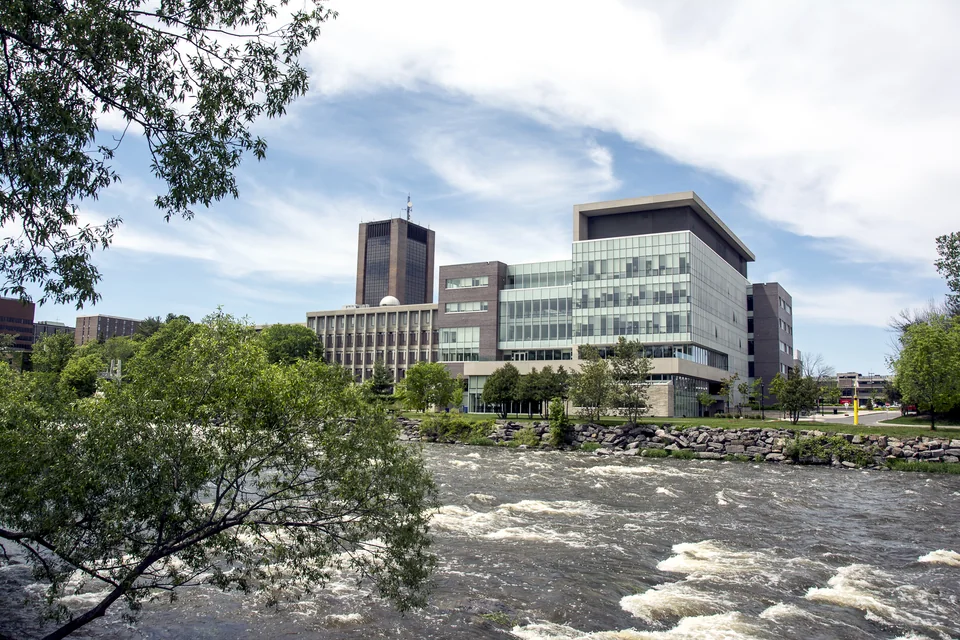 A modern glass and pale-stone building and a tall brick tower beyond a river with rapids, with tree branches in the foreground
